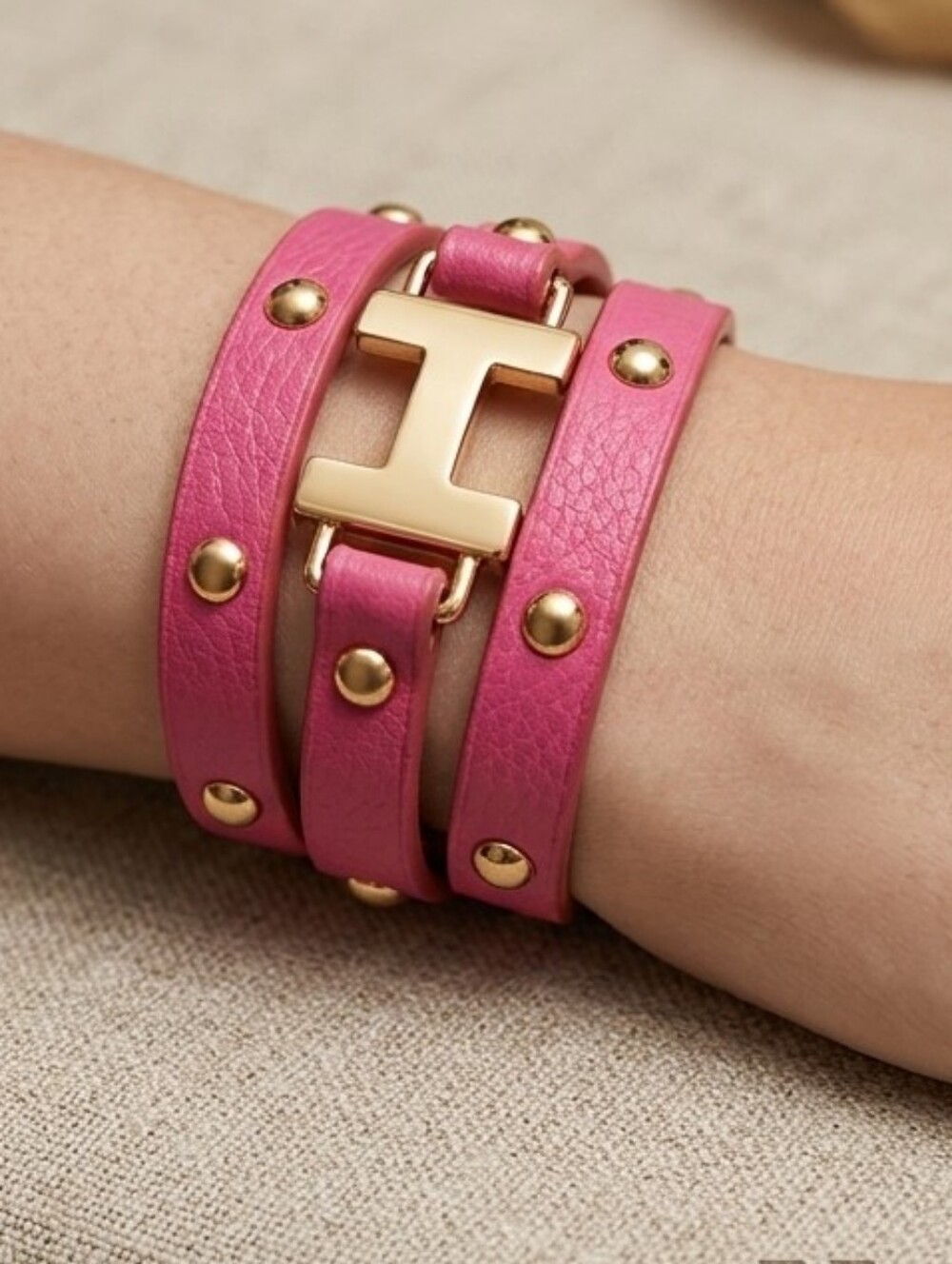 Pink Double-Wrap Leather Bracelet with Gold Accent